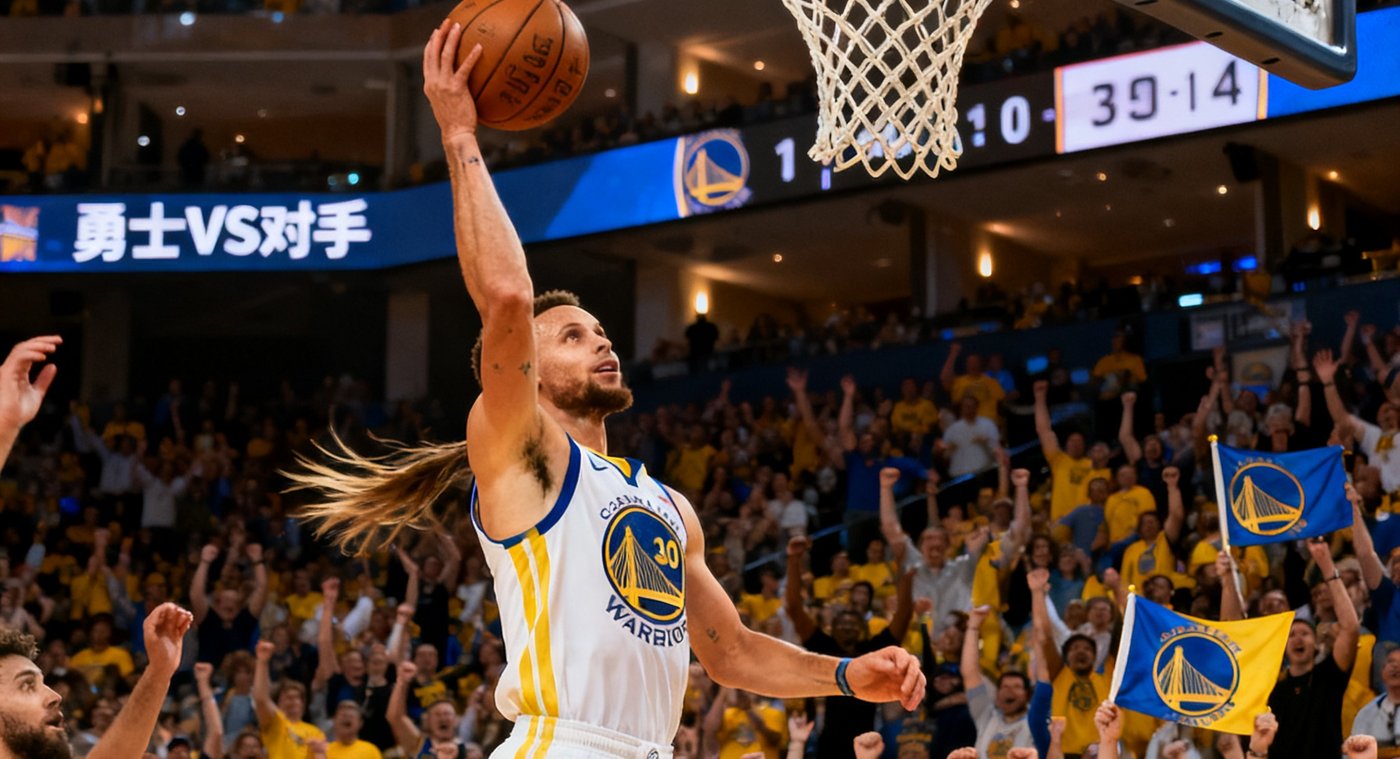 NBA西部决赛G5勇士主场库里在三分线外急停跳投命中关键球，全场球迷起立欢呼
